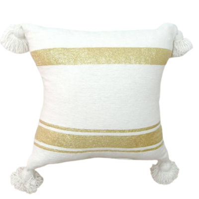 Coussin d'accent marocain en pur coton - Blanc avec des rayures dorées parfaites