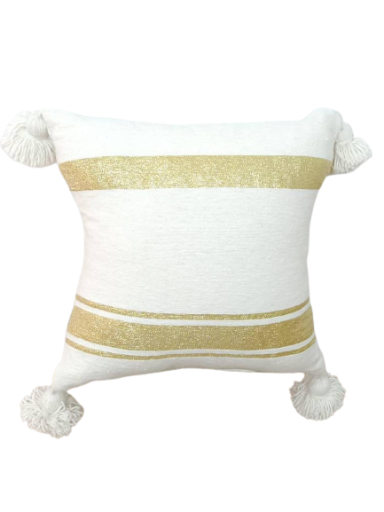 Coussin d'accent marocain en pur coton - Blanc avec des rayures dorées parfaites