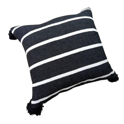 Coussin Taie d'Oreiller Pompon Marocain - Rayures Noires & Blanches, Pompons Noirs